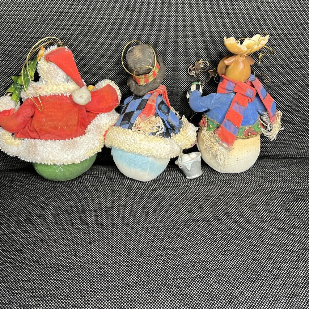 Roly Poly Christmas Ornaments Lot Of 3 Cloth Mache Snowman Santa Moose - Picture 5 of 8